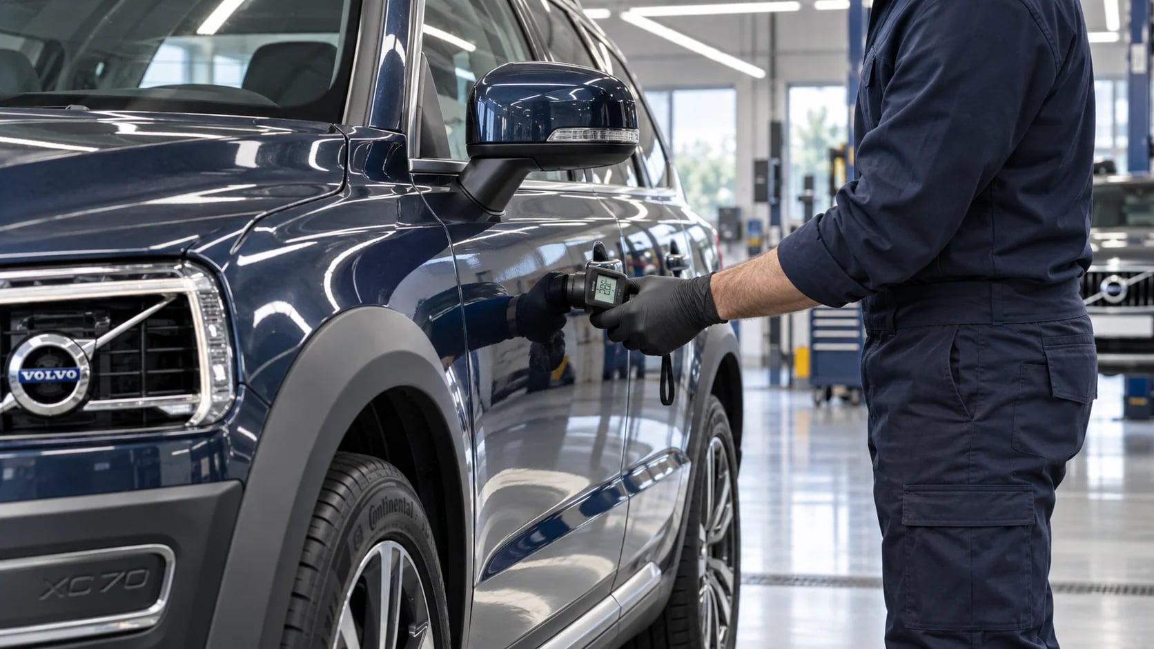 Иллюстрация проверки лакокрасочного покрытия Volvo толщиномером